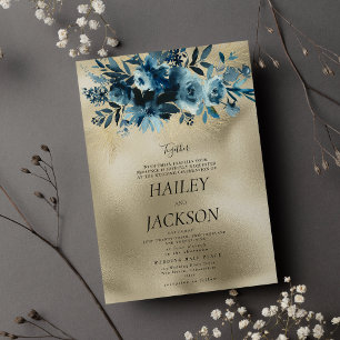 Luxury indigo gold botanic bouquet floral wedding  invitation