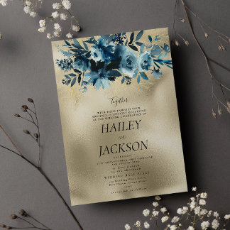 Luxury indigo gold botanic bouquet floral wedding invitation