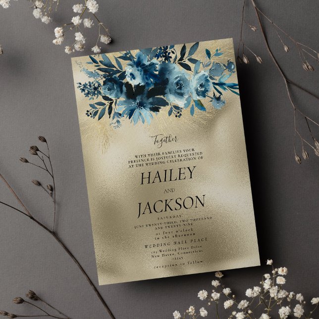 Luxury indigo gold botanic bouquet floral wedding  invitation (Luxury indigo gold botanic bouquet floral wedding )