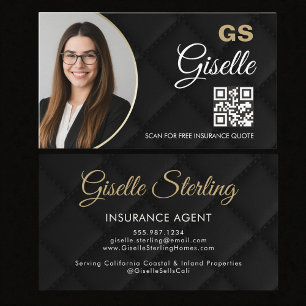 Luxury Insurance Agent Black Photo QR Code  Business Card