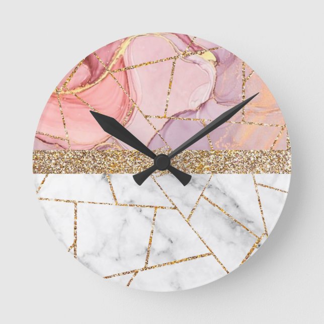 Luxury Interior Marble Stone Glitter Round Clock (Front)
