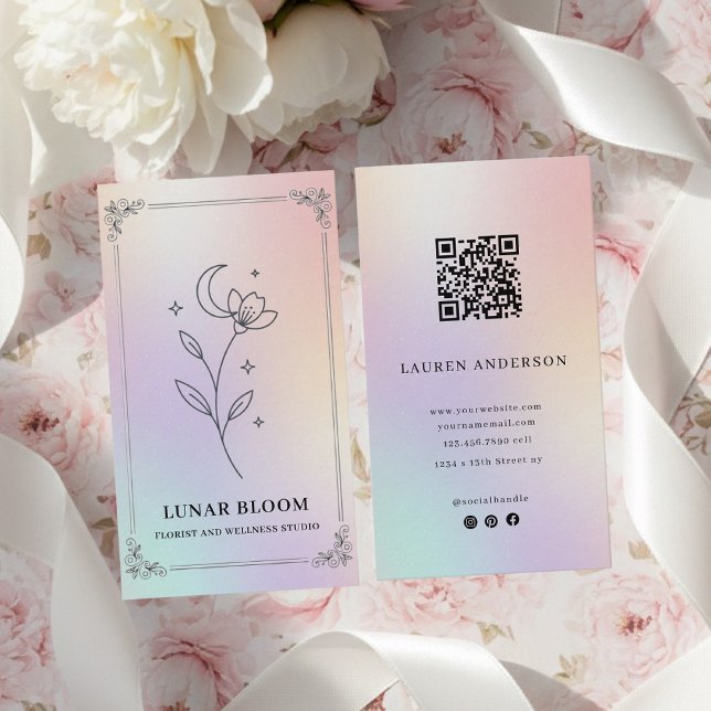 Luxury Iridescent Holographic Floral QR Code  Business Card (Creator Uploaded)