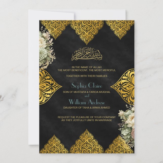 Luxury Islamic Ottoman Wedding Invitation Black (Front)