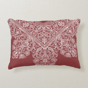 Luxury Italian Lace Pattern White on Dusty Red Decorative Cushion