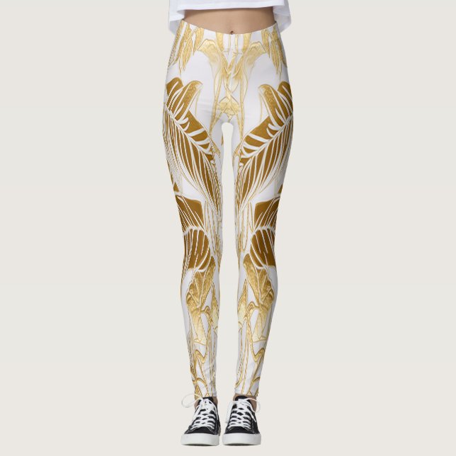 Luxury Ivory and Gold Palm Monstera Leaf Leggings (Front)
