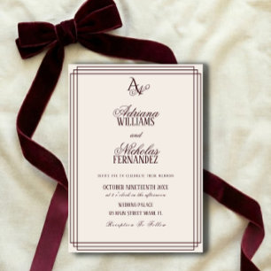 Luxury Ivory Burgundy Monogram Wedding Invitation