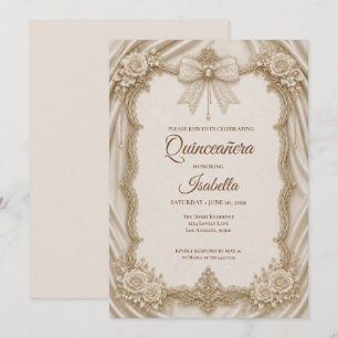 Luxury Ivory Gold Bow Quinceañera Invitation