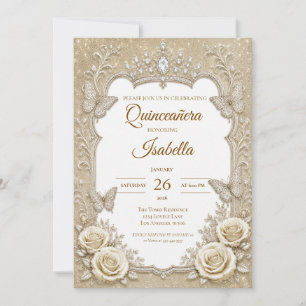 Luxury Ivory Gold Lace Bow Quinceañera Invitation