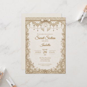 Luxury Ivory Gold Lace Bow Sweet 16 Invitation