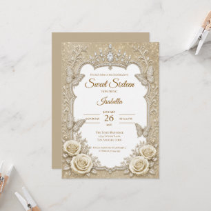Luxury Ivory Gold Lace Bow Sweet 16 Invitation