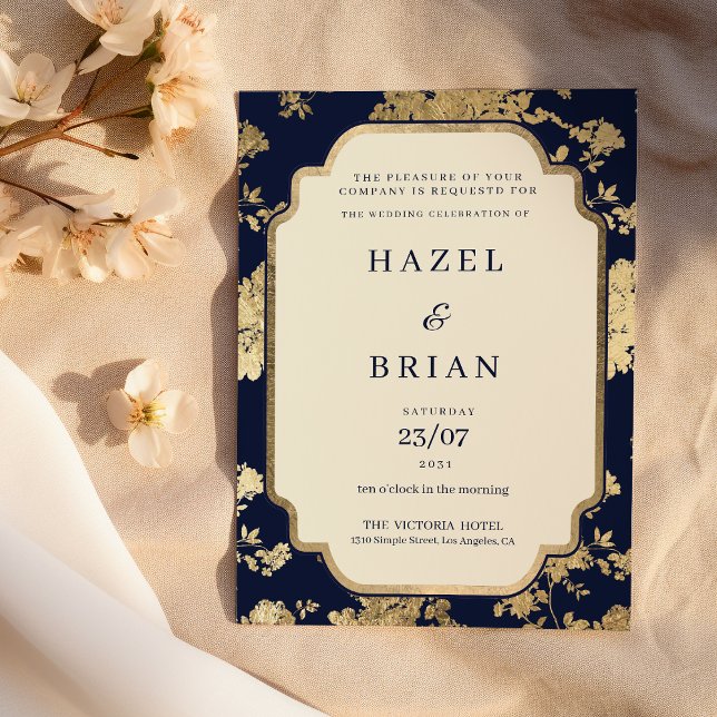 Luxury ivory navy blue gold floral Wedding  Invitation (Luxury ivory navy blue gold floral Wedding )