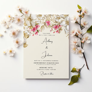 Luxury ivory pink white gold flowers wedding invitation