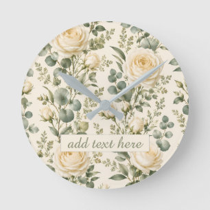 Luxury Ivory Rose & Sage Green Eucalyptus Wedding Round Clock