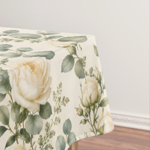 Luxury Ivory Rose & Sage Green Eucalyptus Wedding Tablecloth