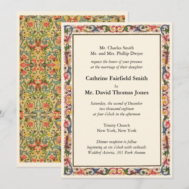 Luxury Ivory White Floral Arabesque Wedding Invitation (Front/Back)