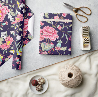 Luxury Japanese Pink Peony and Birds Romantic Wrapping Paper