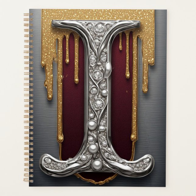 Luxury Jewel Letter I Monogram With Glitter Planner (Front)