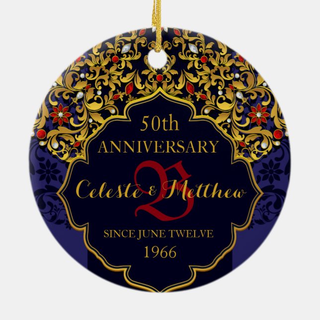Luxury Jeweled Blue Red Gold Wedding Anniversary Ceramic Tree Decoration (Back)