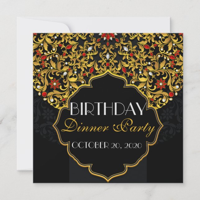 Luxury Jewelled Black Red Gold Birthday Dinner Invitation (Front)