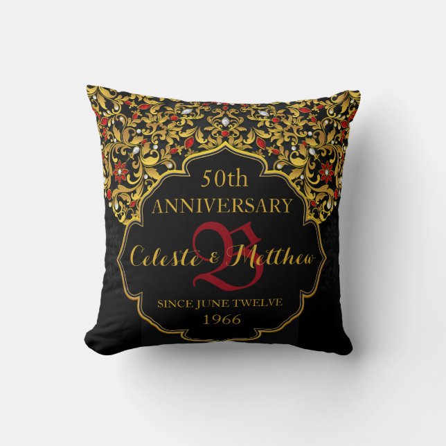 Luxury Jewelled Black Red Gold Wedding Anniversary Cushion (Front)