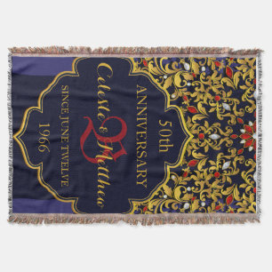 Luxury Jewelled Blue Red Gold Wedding Anniversary Throw Blanket