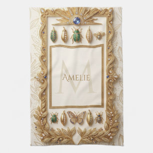 Luxury Jewelled Botanical Frame with Custom Name Tea Towel