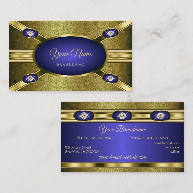 Luxury Jewellery Style Gold Pattern and Blue Colou Business Card (Front/Back)