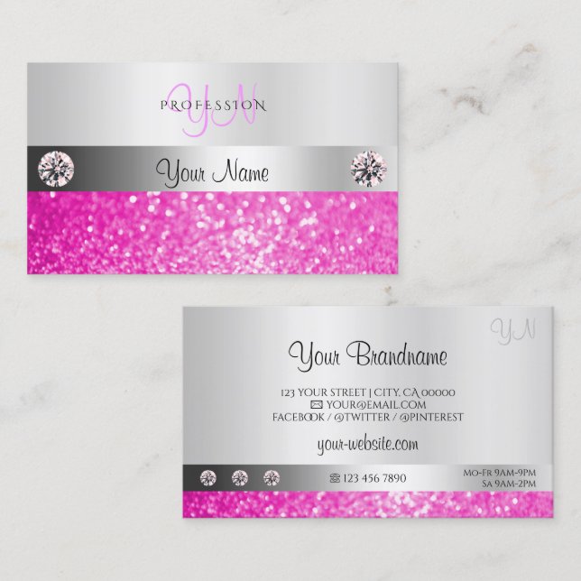 Luxury Jewels Silver Shimmer Pink Glitter Monogram Business Card (Front/Back)