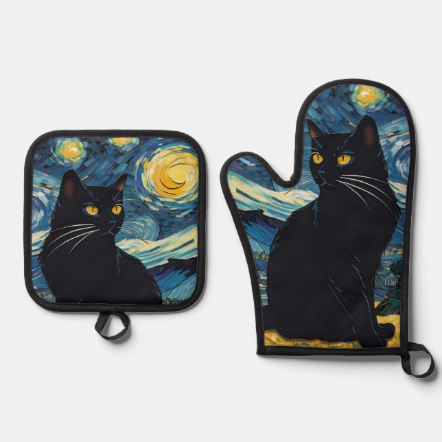 Luxury Kitchen: Black Cat Starry Night Van Gogh Oven Mitt & Pot Holder Set (Front)