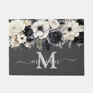 Luxury Kitchen Floor Mat: Black and White Flowers Doormat