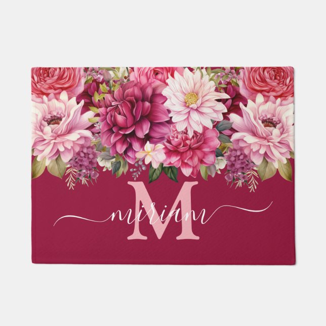 Luxury Kitchen Floor Mat: Bright Pink Flowers Doormat (Front)