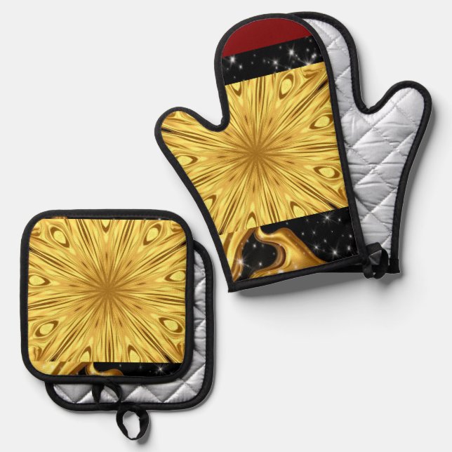 Luxury Kitchen Safety: Gilded Zenith Opulent Swirl Oven Mitt & Pot Holder Set (Front/Back)
