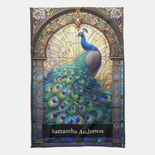 Luxury Kitchen: Stained Glass Peacock Custom Name Tea Towel