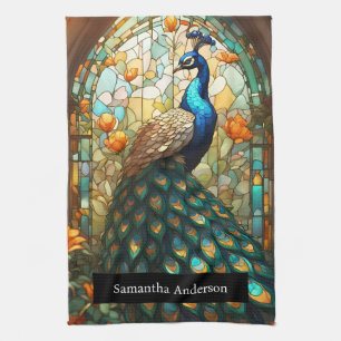 Luxury Kitchen: Stained Glass Peacock Custom Name Tea Towel