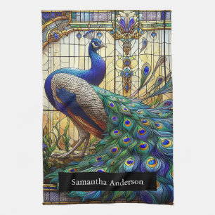 Luxury Kitchen: Stained Glass Peacock Custom Name Tea Towel
