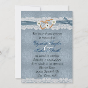 Luxury Lace Blue Ribbon Hearts Wedding Invite