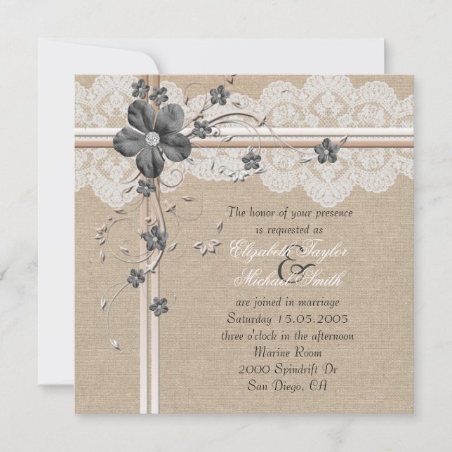 Luxury Lace Floral Burlap Wedding Invitation (Front)