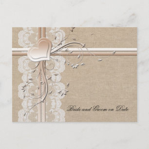 Luxury Lace Heart Burlap Save date card