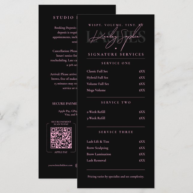 Luxury Lash Tech Pink Black Lash Bar Price List Menu (Front/Back)