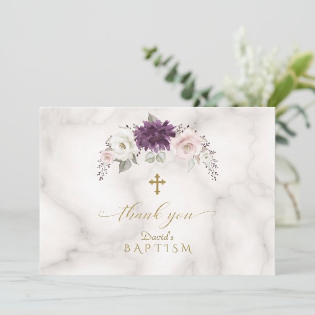 Luxury Lavender Blush Flowers Gold Cross Baptism  Thank You Card (Standing Front)