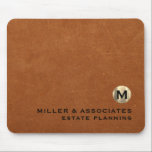 Luxury Leather Print Gold Emblem Company Branded Mouse Mat<br><div class="desc">Elevate your workspace with this personalised round mouse pad featuring a sable leather print background and a brushed gold monogram emblem with your company name and speciality in black classic typography. Perfect for estate planners, attorneys, and other business professionals who want to make a lasting impression. Customise with your own...</div>