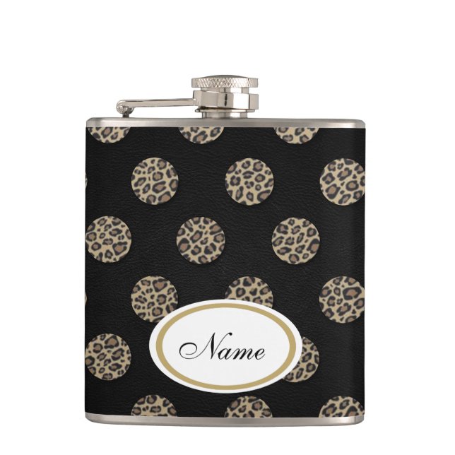luxury leopard print polka dots leather look hip flask (Front)