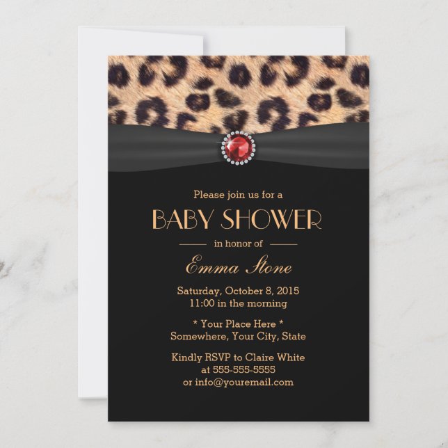 Luxury Leopard Ruby Gem Black Ribbon Baby Shower Invitation (Front)