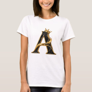 Luxury Letter A T-Shirt   Black Gold Crown Initial