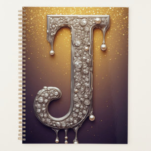Luxury Letter J Monogram in Diamond, Pearl Gold Planner