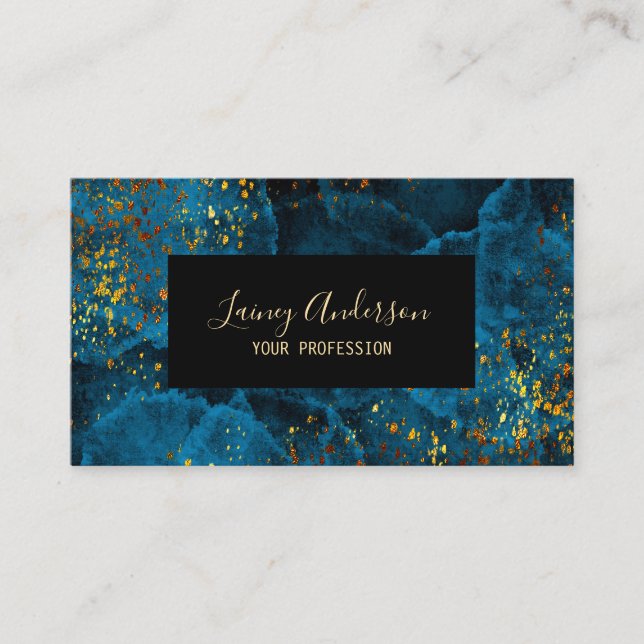 Luxury light blue black and faux gold foil glitter business card (Front)