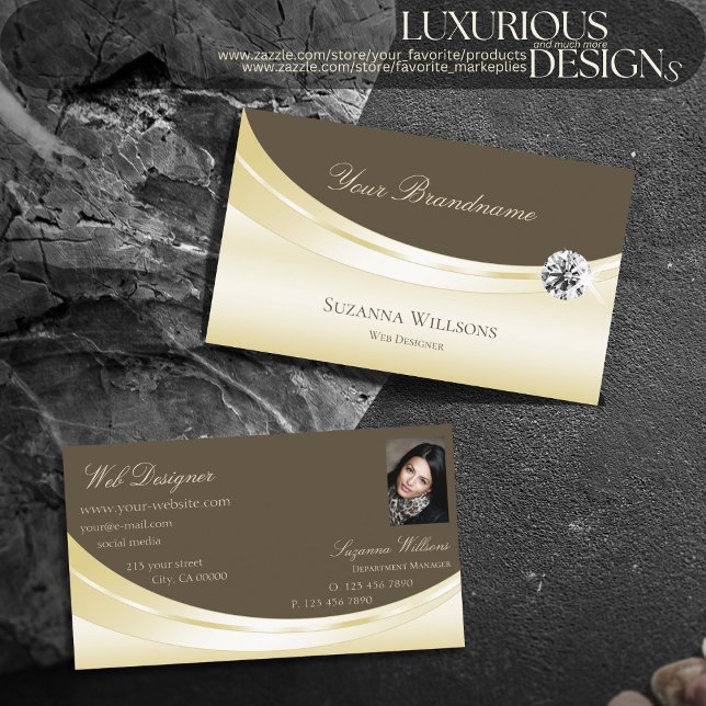 Luxury Light Gold Brown with Photo and Diamond Business Card (Creator Uploaded)