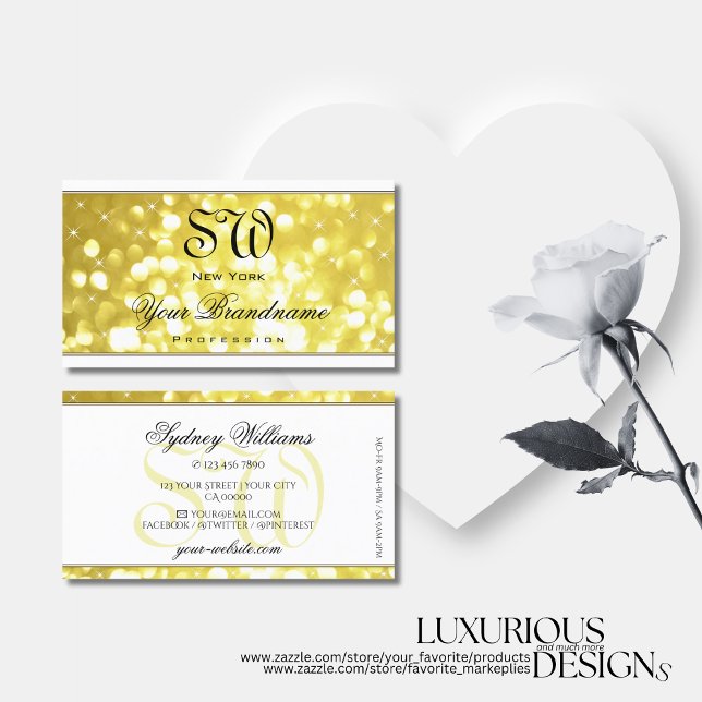Luxury Light Golden Glitter Stars Monogram White Business Card (Creator Uploaded)