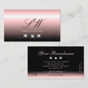 Luxury Light Pink Black Sparkle Diamonds Initials Business Card