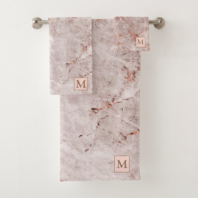Luxury Light Pink Marble Monogrammed Bath Towel Set (Insitu)
